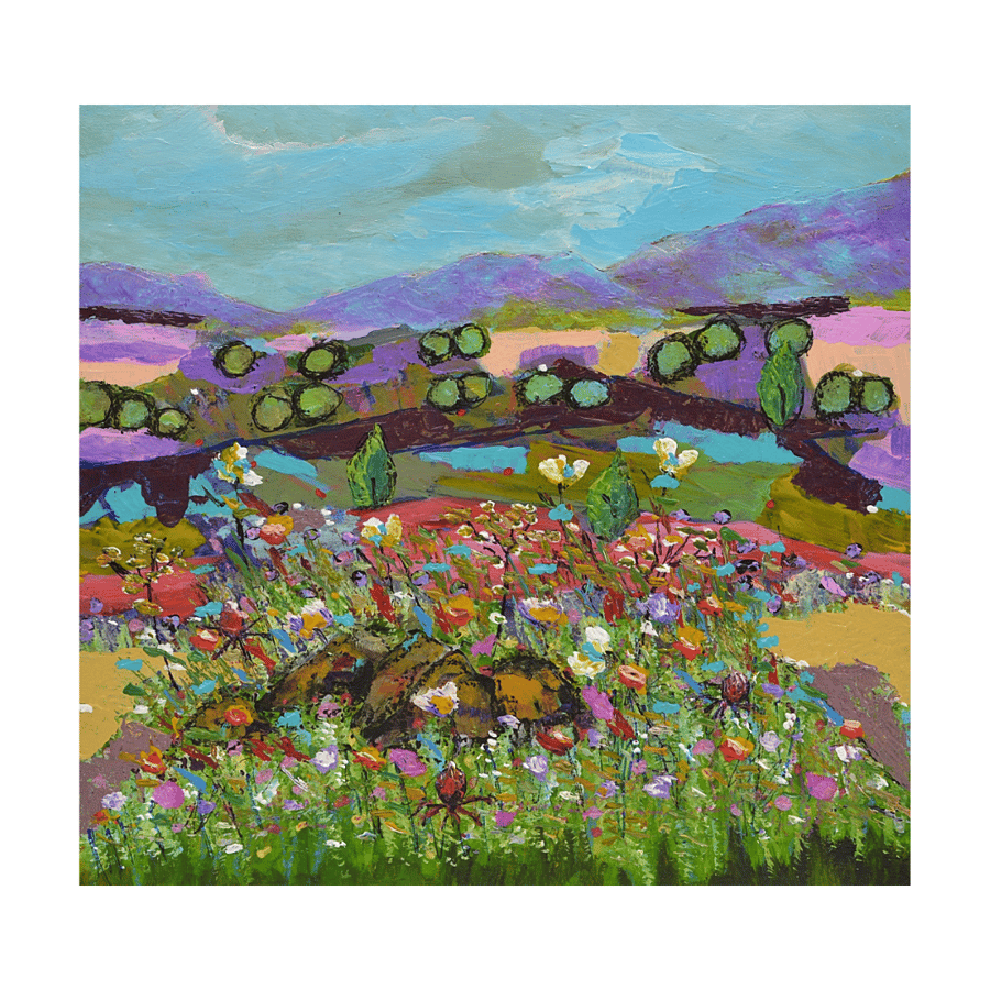 A framed, abstract painting of a Scottish landscape - acrylic on wood