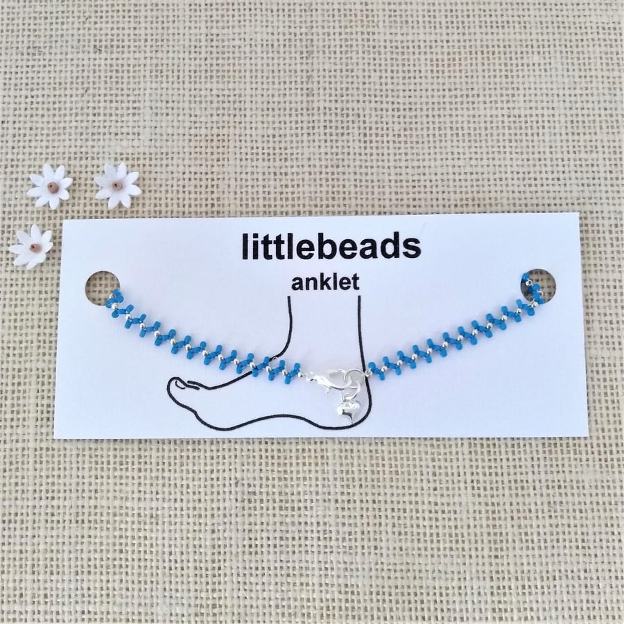 Blue and Silver Zig Zag Design Seed Beaded Anklet