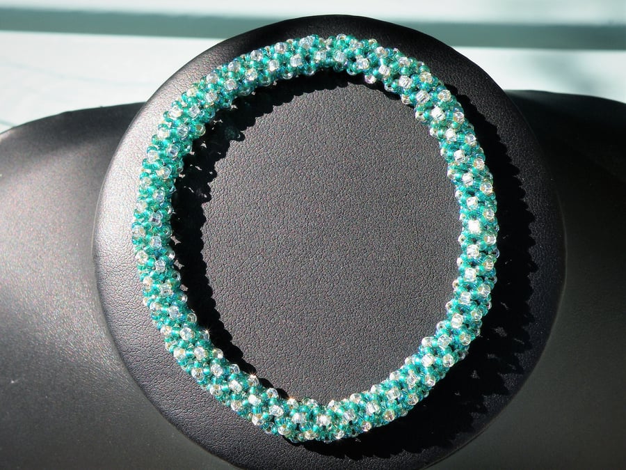 Turquoise Blue Hand Beaded Tube Bangle Bracelet 7.5 Inch