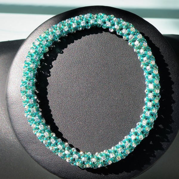 Turquoise Blue Hand Beaded Tube Bangle Bracelet 7.5 Inch