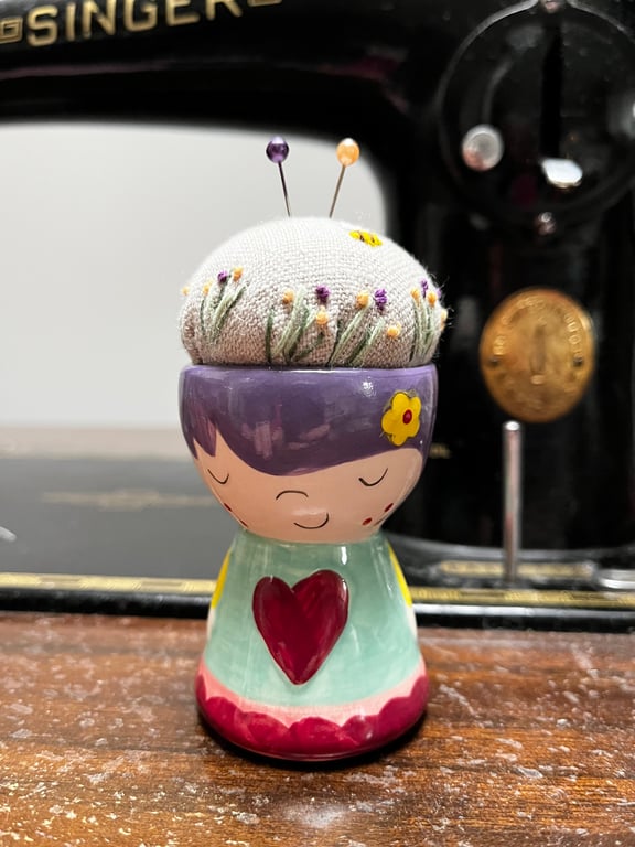 Pin cushion - cute girl egg cup - embroidered with bee and flowers