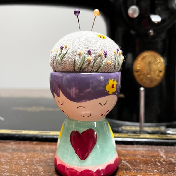 Pin cushion - cute girl egg cup - embroidered with bee and flowers