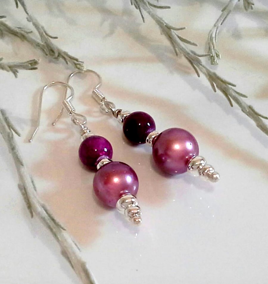 Shell Pearl & Agate Earrings Silver Plated