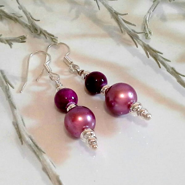 Shell Pearl & Agate Earrings Silver Plated