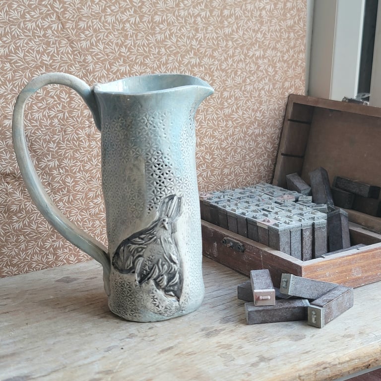 Stoneware Jug pale blue moth design Ceramic handmade