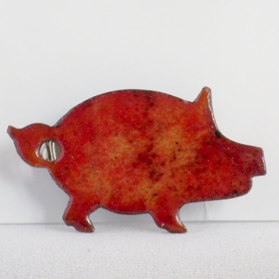 brooch - pig, brick red over clear enamel