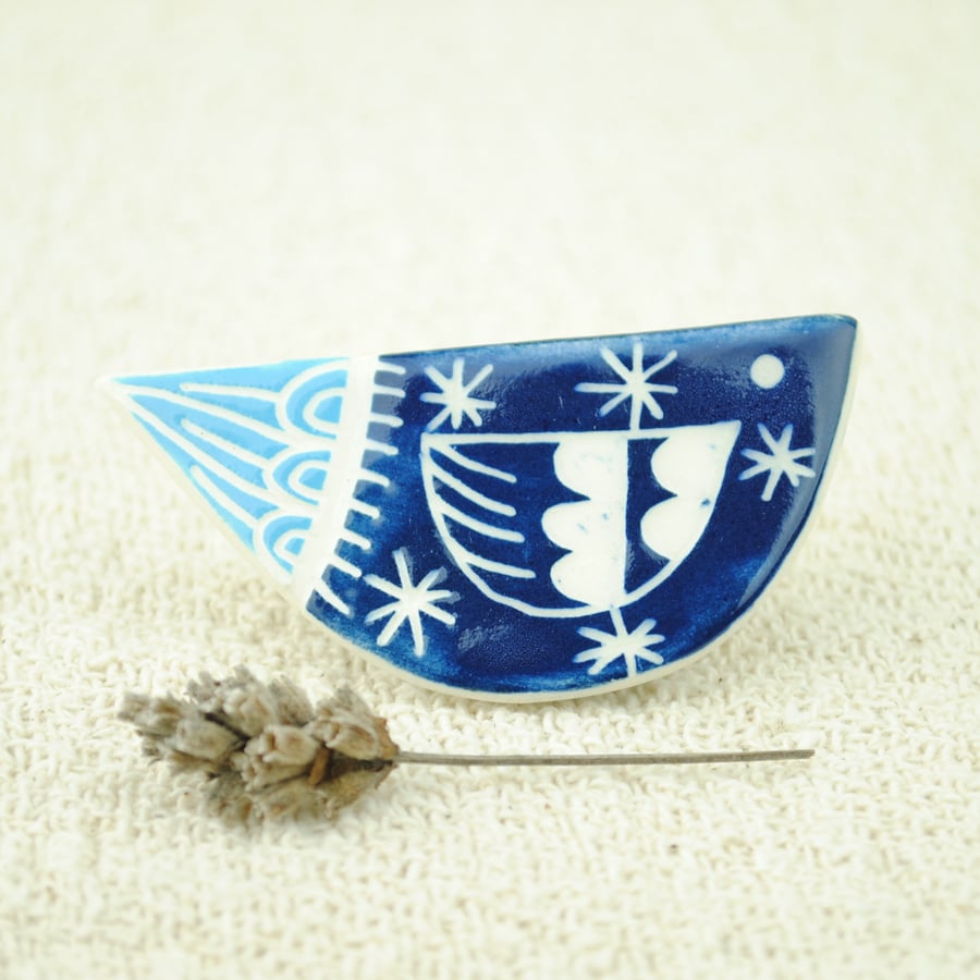 Ceramic Bird Brooch (Dark Blue)