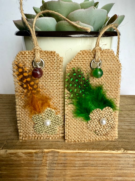 Pair Of Handmade Hessian, Feather and Gemstone Gift Tags Keepsake Gift Tags