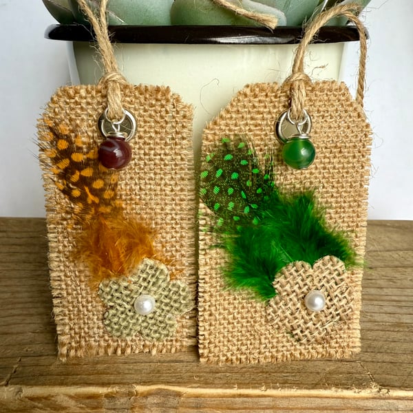 Pair Of Handmade Hessian, Feather and Gemstone Gift Tags Keepsake Gift Tags
