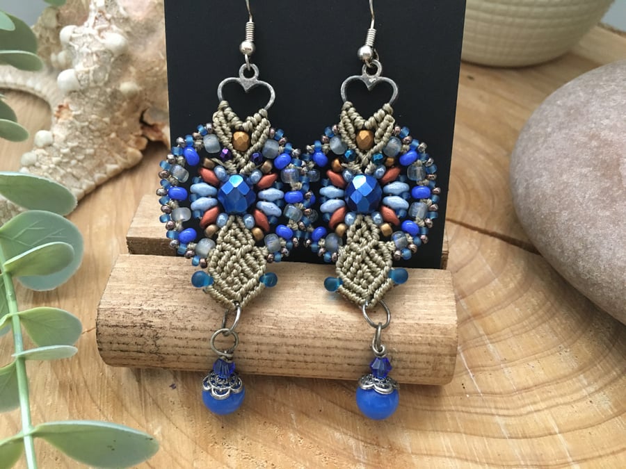 Pretty Dangle Blue beaded earrings, birthday gift for her, blue and copper 