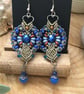 Pretty Dangle Blue beaded earrings, birthday gift for her, blue and copper  - Image 1