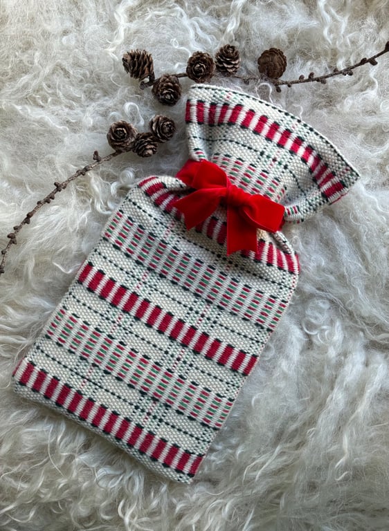 Mini Hot Waterbottle - Red & Green. Handwoven in Wales