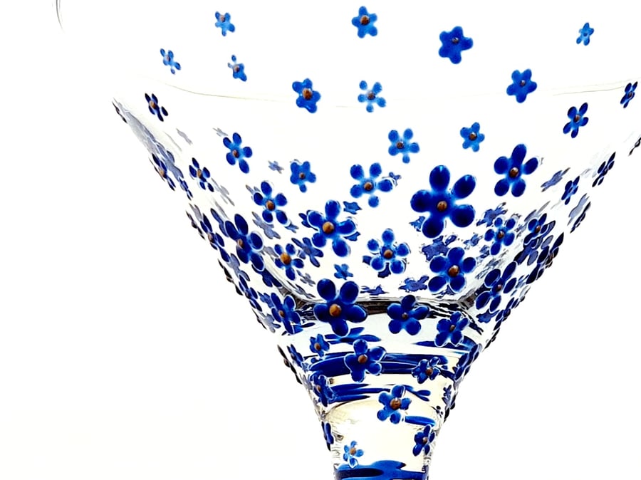 Hand Painted Decorated Martini Cocktail Glass 'Forget Me Not'