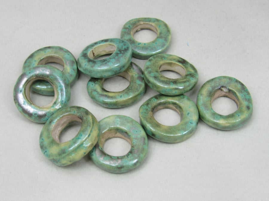 10 Medium Verdigris Green Glazed Ceramic Donut Beads