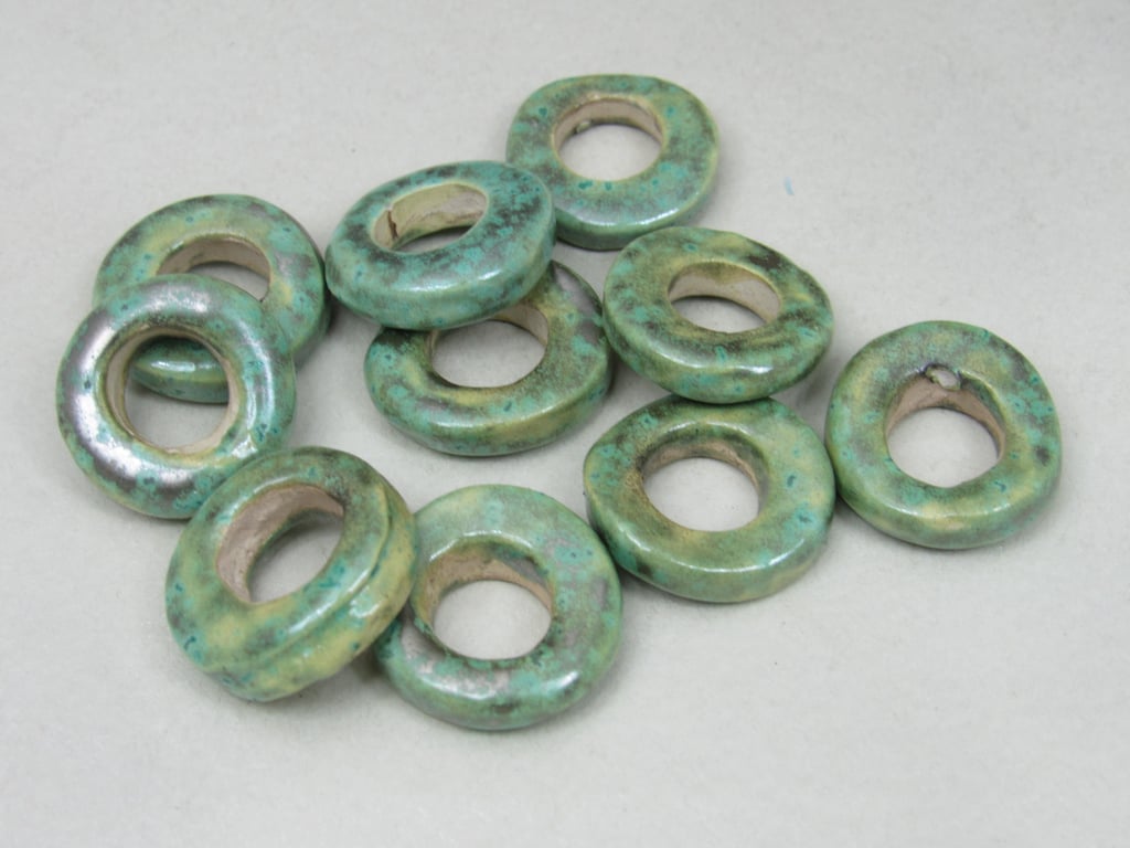 10 Medium Verdigris Green Glazed Ceramic Donut Beads