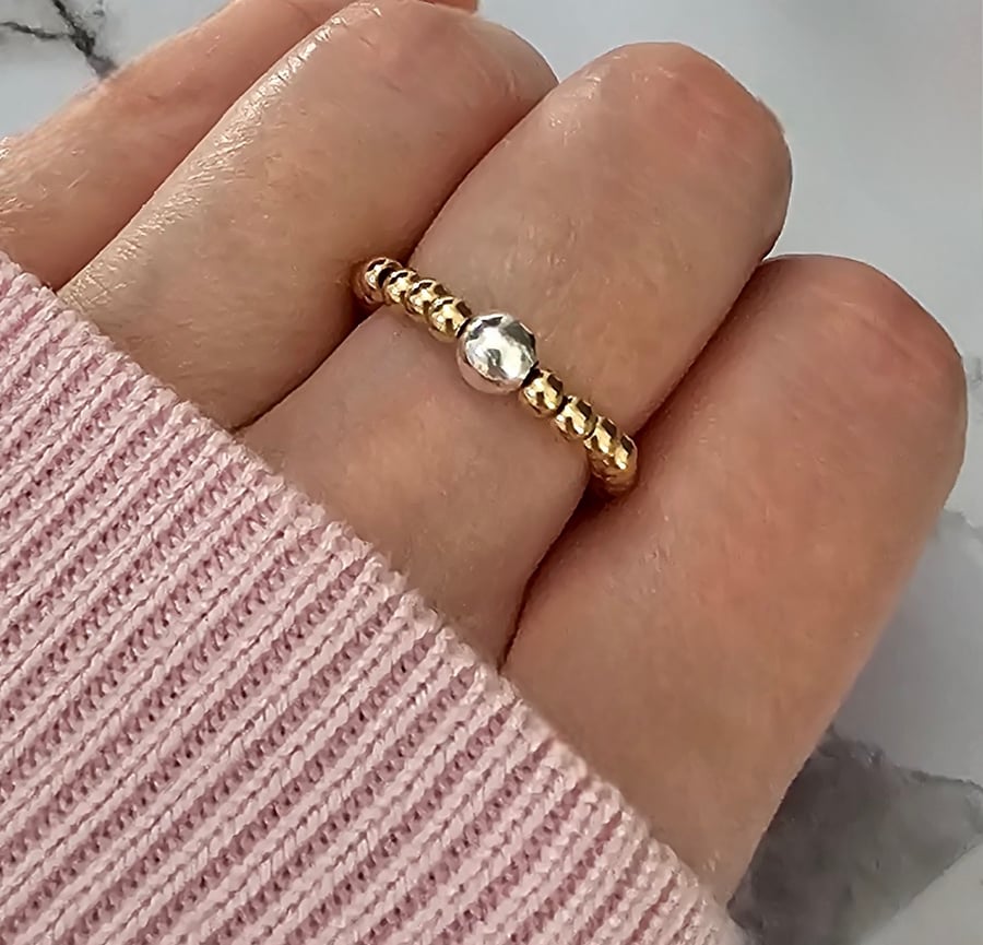 14k Gold Filled Beaded Stretch Ring, Sterling Silver, 925