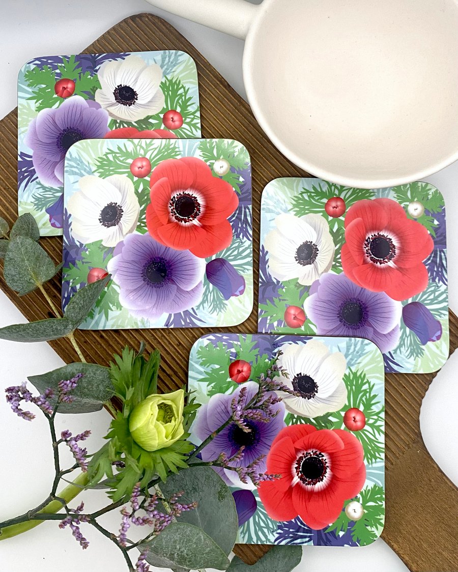 Set of 4 Anemones Hardback Eco Coasters