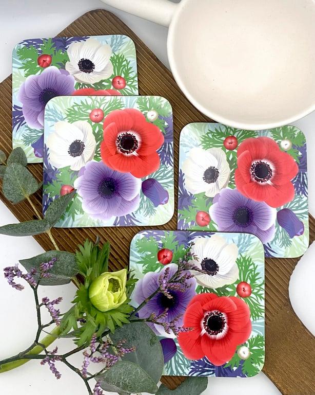 Summer Seconds - Set of 4 Anemones Hardback Eco Coasters
