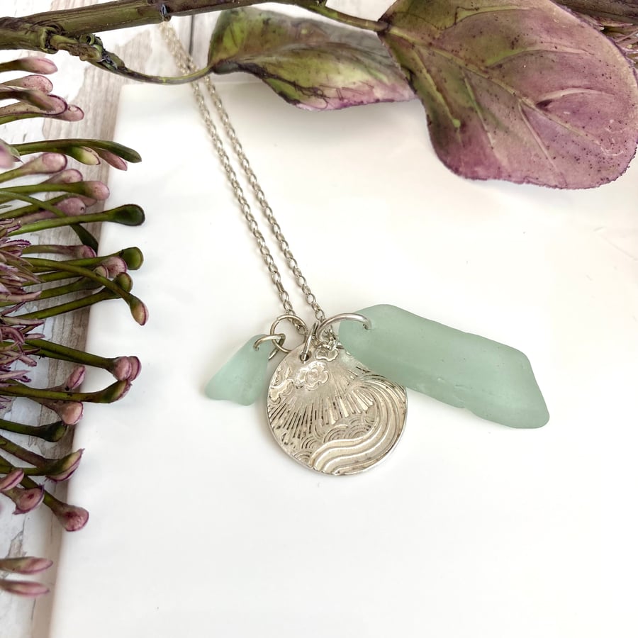 Sea Glass and Silver Waves Pendant, Ocean Inspired Necklace