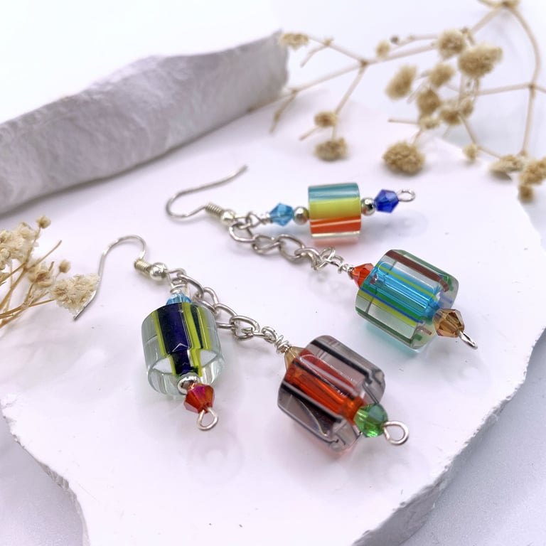 Czech Cane Glass Asymmetric  Boho Earrings