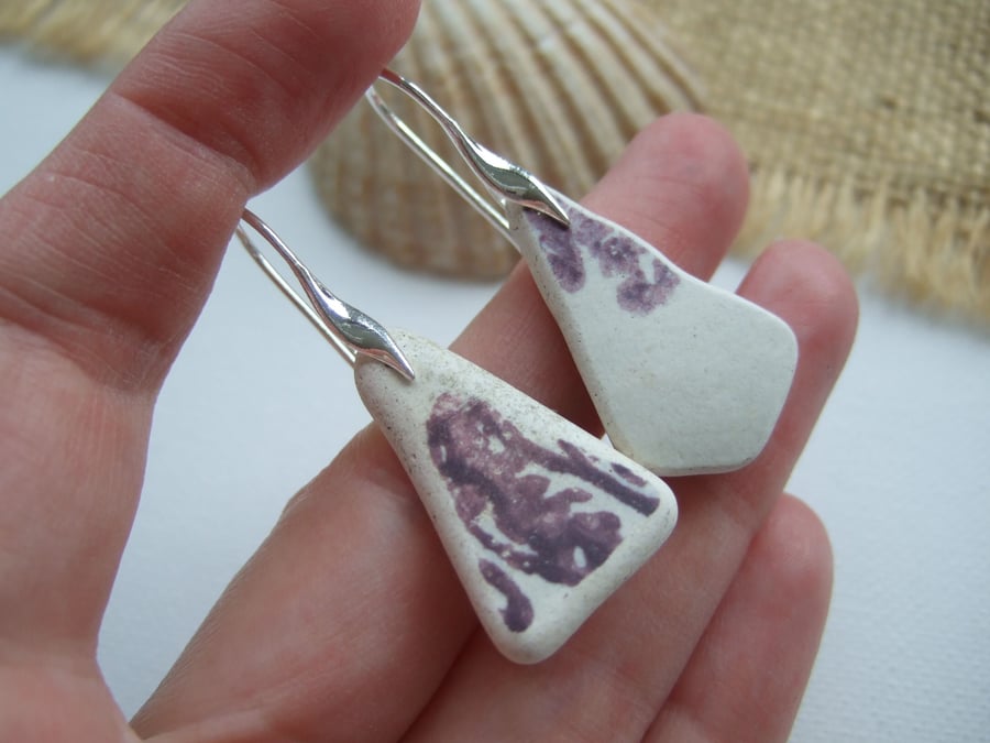 Scottish sea pottery purple jewellery, Dangling Sterling Silver Hooks