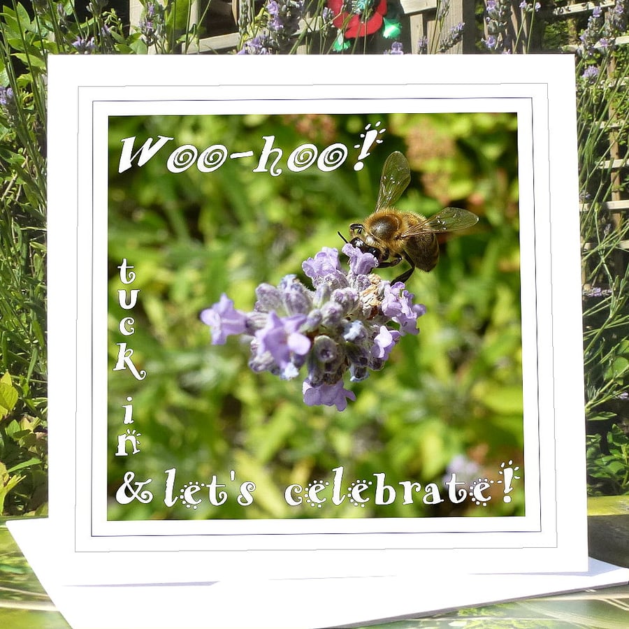 ‘Let’s celebrate!’ (honey bee on lavender) greeting card