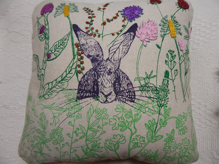 Hare in the Hedgerow -  Screen printed and hand embroidered cushion