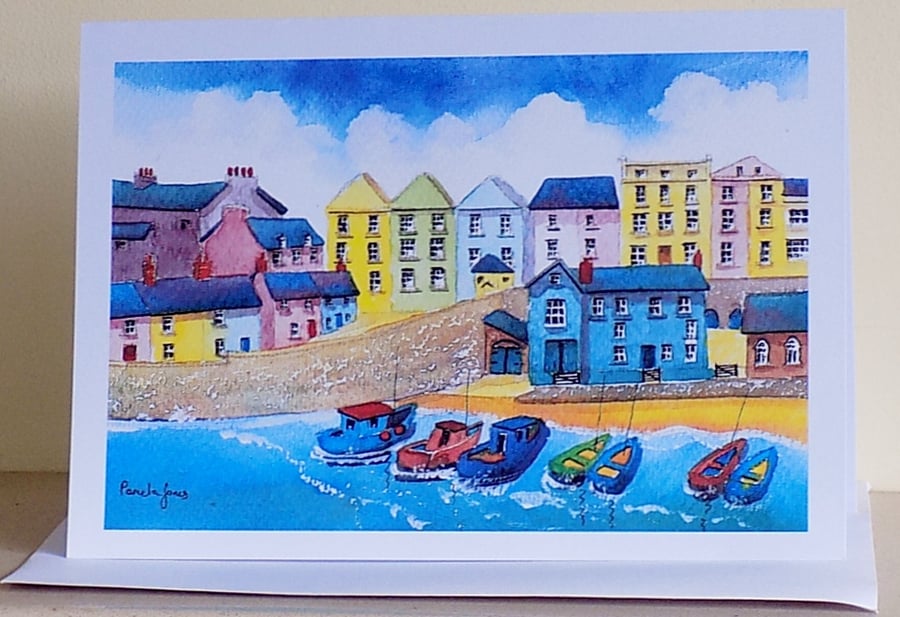  Art Greetings Card, Tenby Harbour, Pembrokeshire, Size a5, Blank inside 