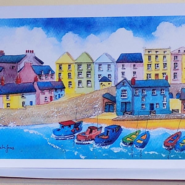  Art Greetings Card, Tenby Harbour, Pembrokeshire, Size a5, Blank inside 
