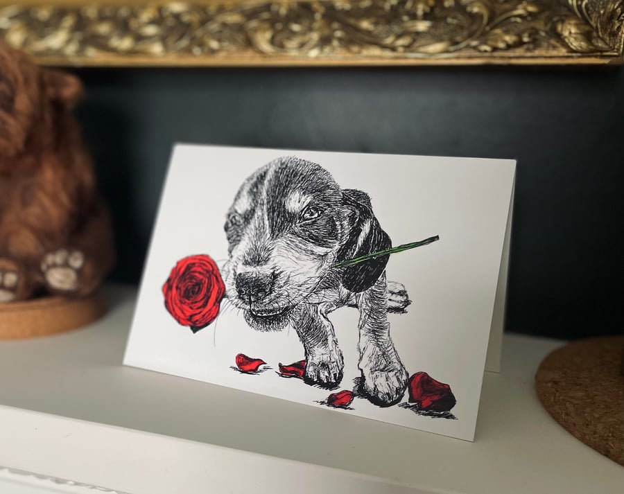 Cute Romantic Valentine's Card Dog Rose Print of Original Drawing A6