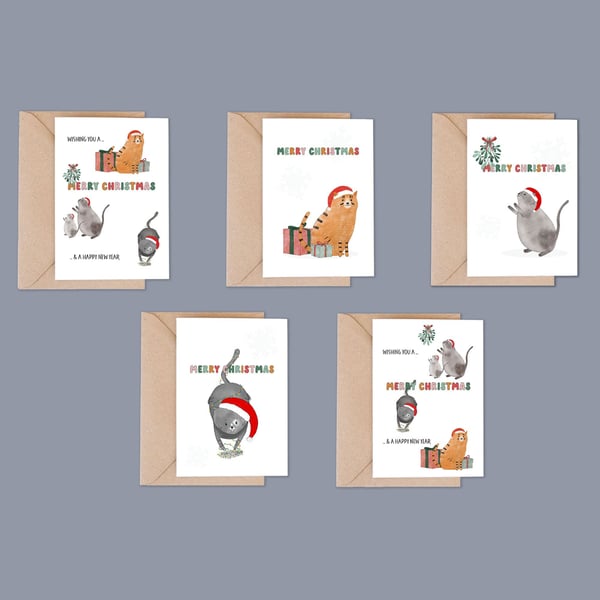 Multi Design Cats Christmas Card Pack of 5, 10 or 20. Cute and whimsical designs
