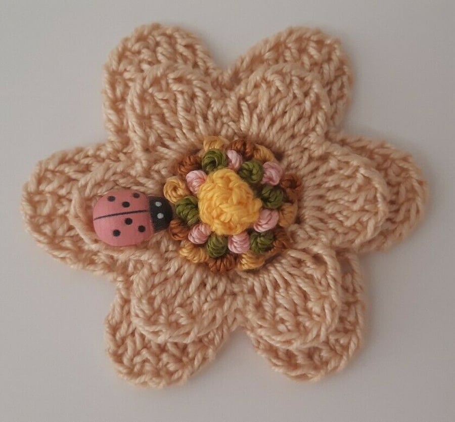 Large Cotton Crochet Flower with Ladybird- Sewing Appliques- Embellishments