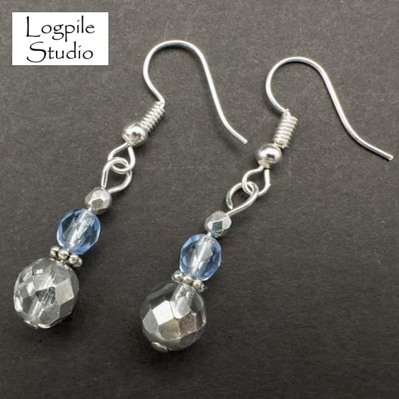 Silver and Blue Bead Dangle Earrings