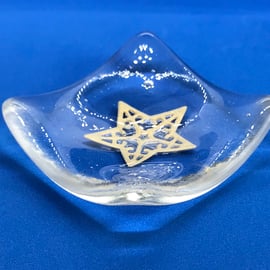 Fused Glass Trinket Dish. Gold star.