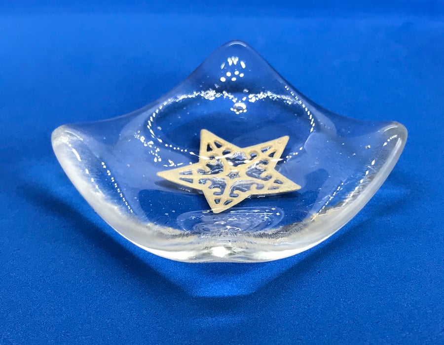 Fused Glass Trinket Dish. Gold star.