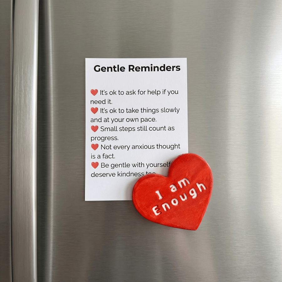 I Am Enough scarlet red heart fridge magnet with A7 Gentle Reminders card