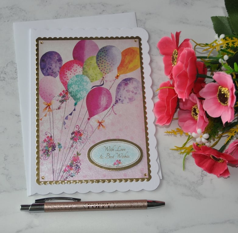 Balloons Birthday Card With Love & Best Wishes 3D Luxury Handmade Card