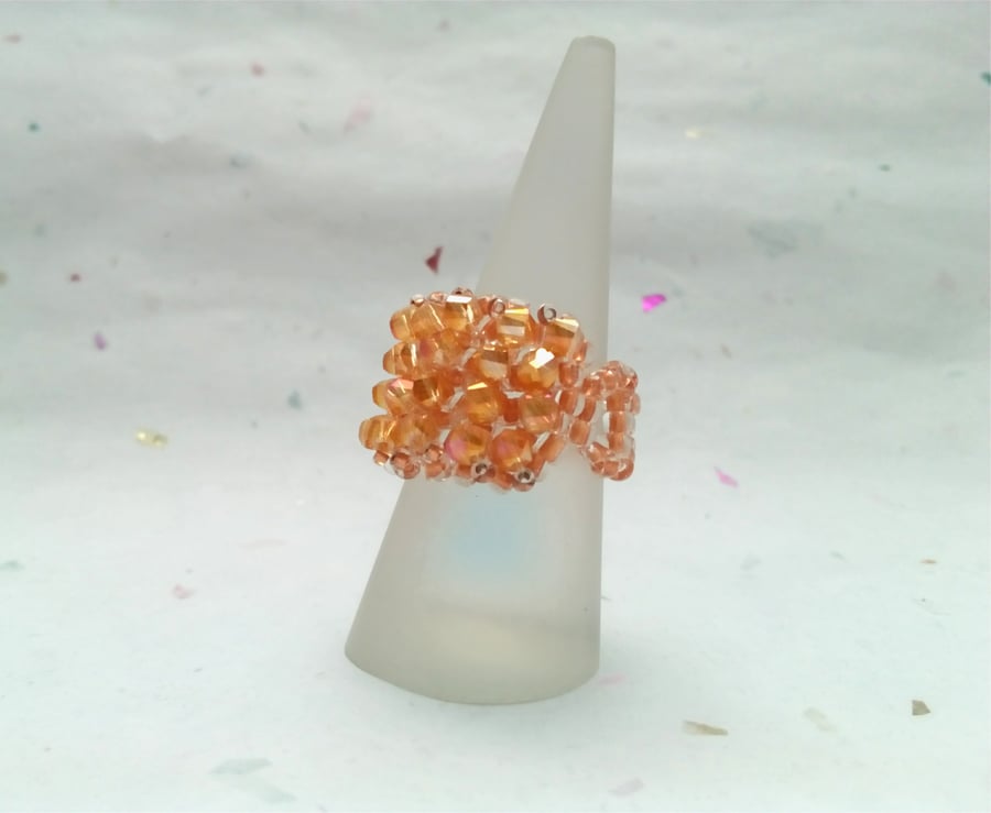 Coral sunset crystal twist cocktail beaded ring