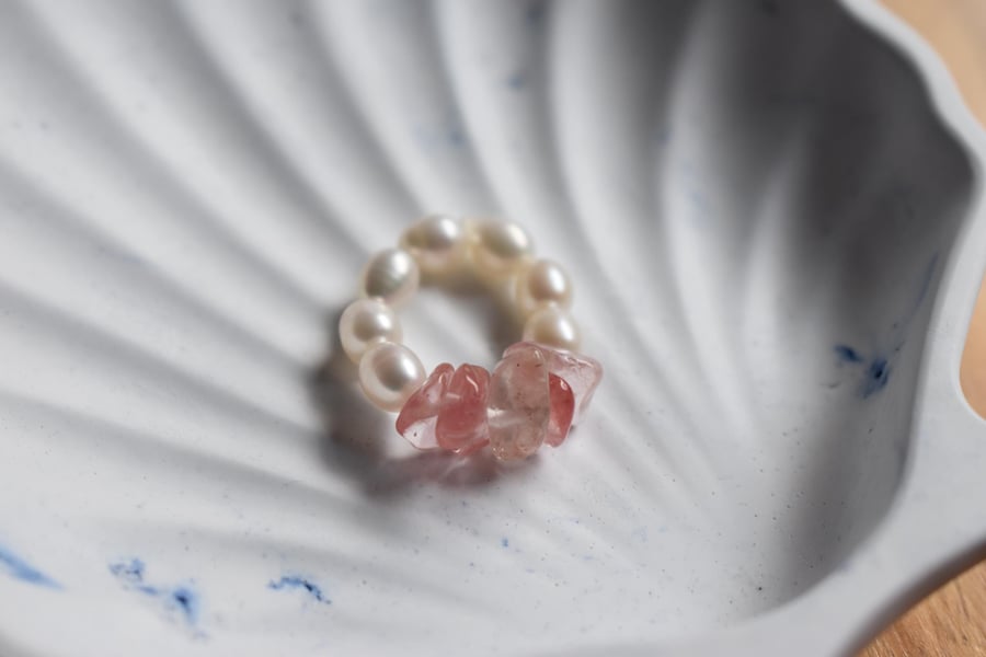 Freshwater Pearl & Cherry Quartz Stretch Band - Handmade Ring