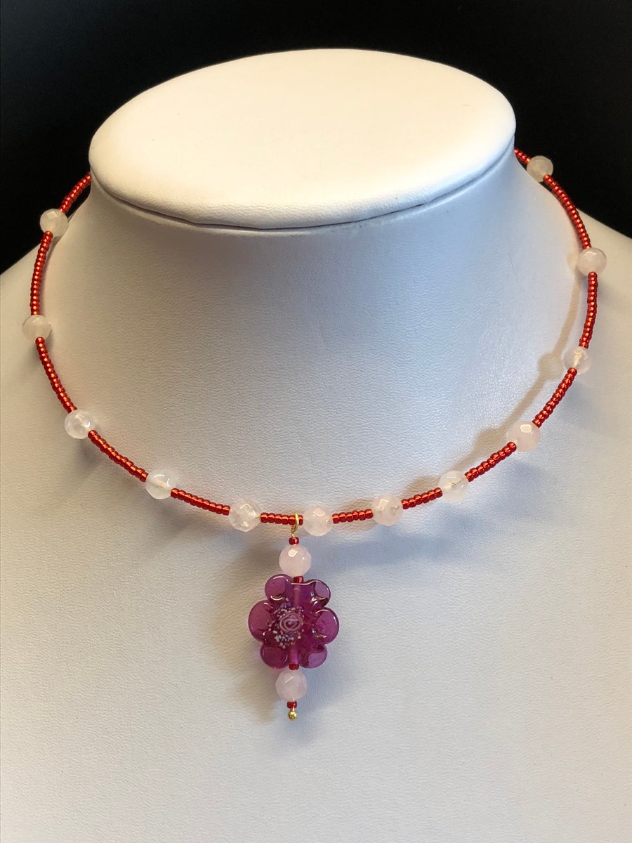 Genuine Rose Quartz and Preciosa Ornela Lamp Bead Choker Necklace 