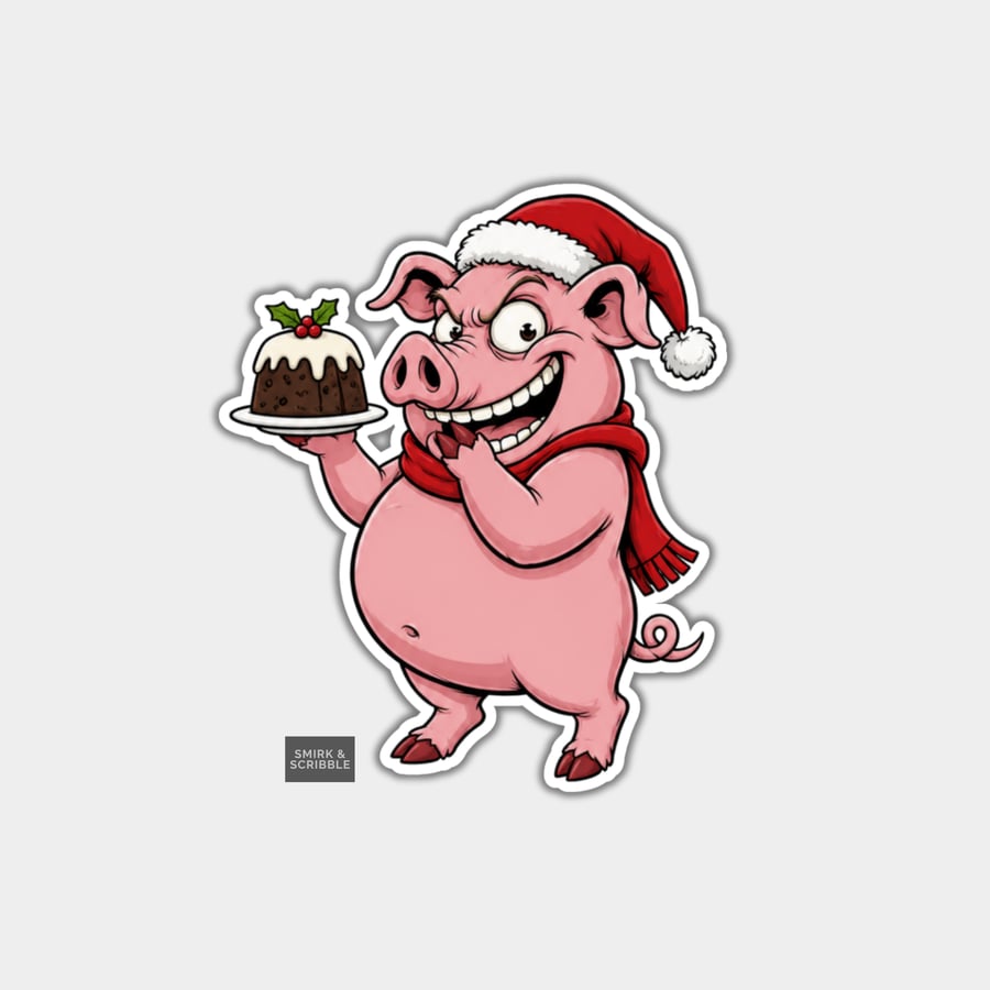Image of Unique Funny Christmas Sticker Xmas Decal - Cute Cheeky Pig & Festive Pudding