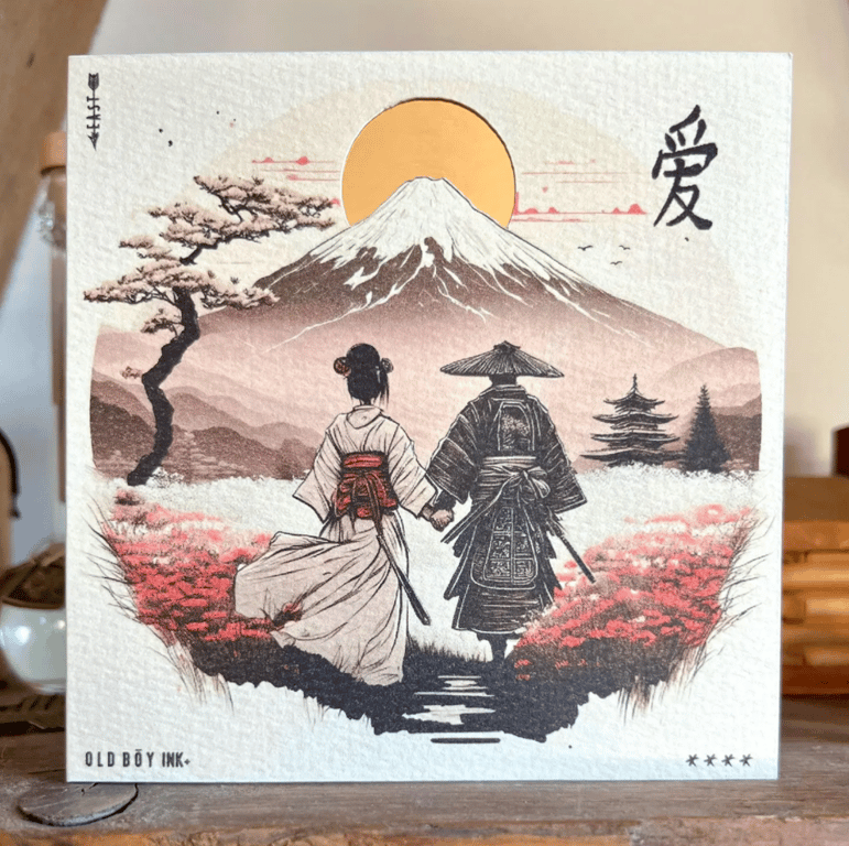 Handmade Japanese Valentines Card - Off White & Gold