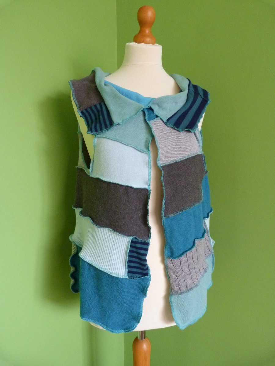 Waistcoat from Patchwork Up-cycled Jumpers. Medium to Large. Blues