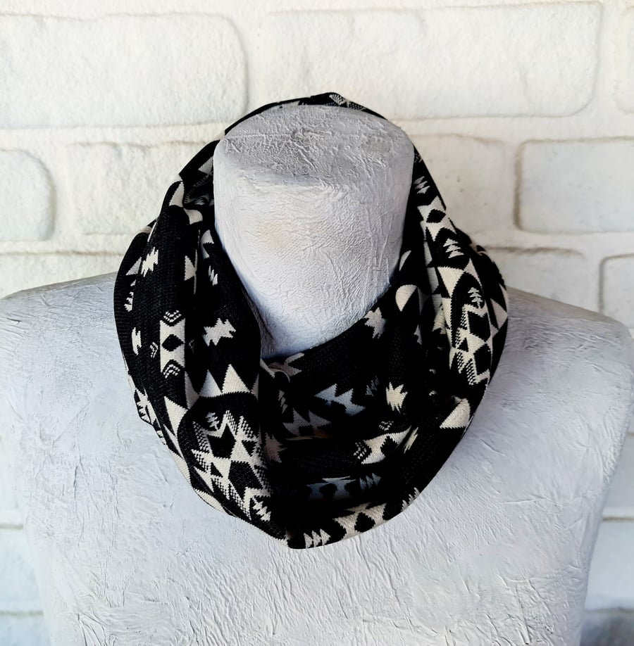 Black-white ethnic pattern infinity shawl neck wrap gift for her 