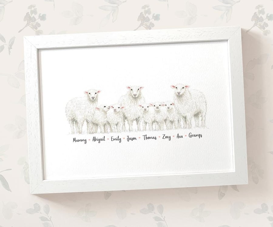 Personalised sheep family print with names - mothers day or birthday gift