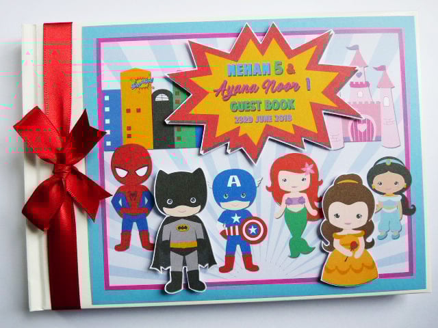 Superheroes and princesses birthday guest book, superheroes party gift