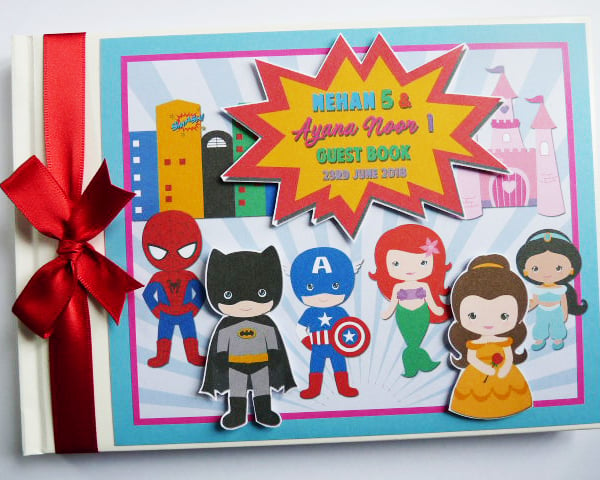 Superheroes and princesses birthday guest book, superheroes party gift