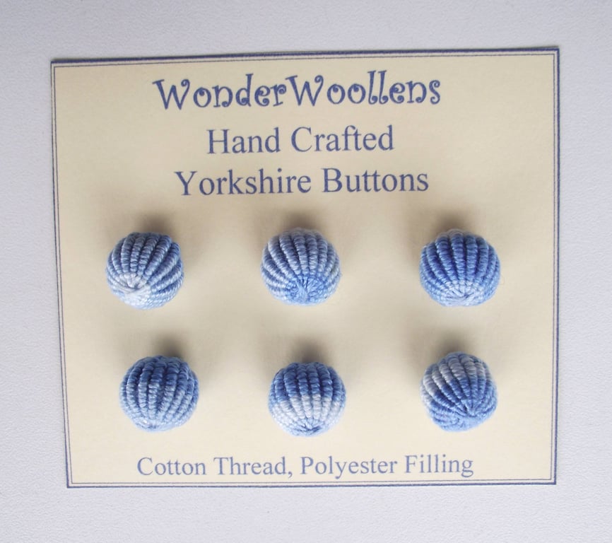 Yorkshire Buttons, Set of Six 15mm, Handmade, Spherical, Variegated Blue