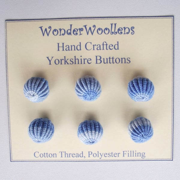 Yorkshire Buttons, Set of Six 15mm, Handmade, Spherical, Variegated Blue