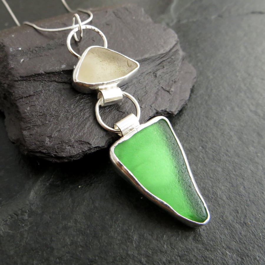 Green and White Seaglass Pendant in Sterling Silver, Geometric Jewellery